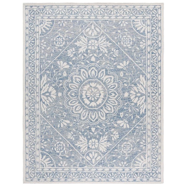 Metro 8 ft. x 10 ft. Blue/Ivory Ornate Border Medallion Area Rug