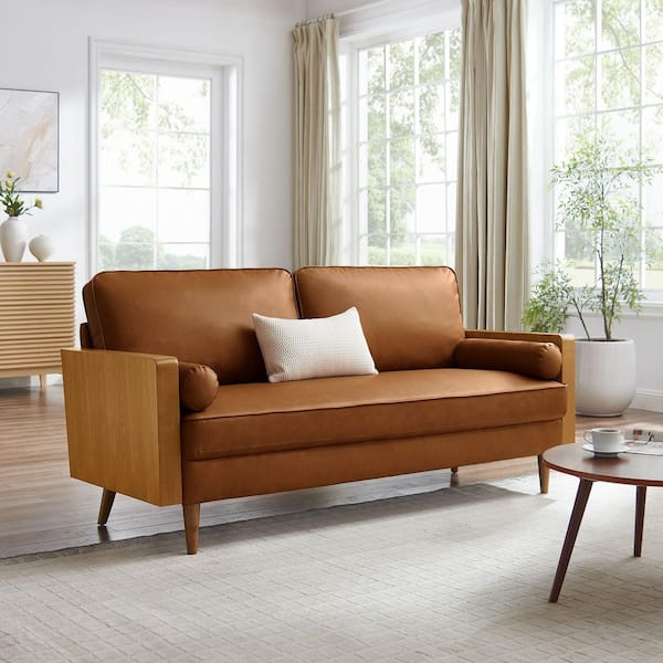 Kellan 72 in. Square Arm Vegan Leather Rectangle Sofa in Walnut Tan