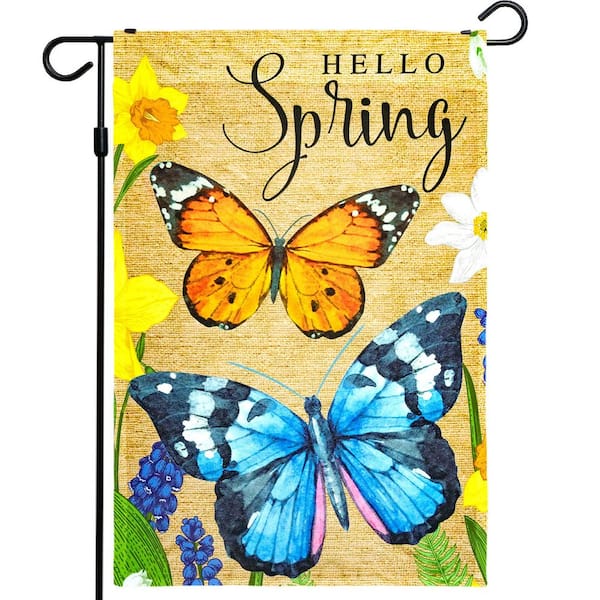 1 ft. x 1.5 ft. Polyester Hello Spring Butterflies Flowers-Sided Garden Flag Printed Blockout