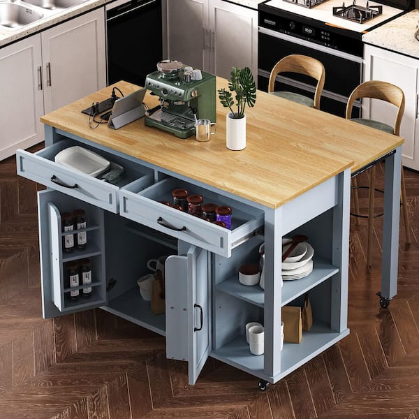Blue Grey Rubber Wood Veneer 47.2 in. Kitchen Island with Extendable Table, Power Outlet, Lockable Wheels and Drawers