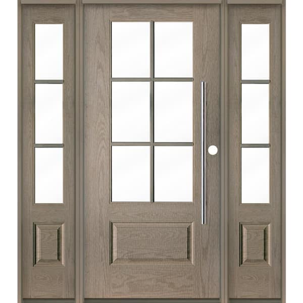 Krosswood Doors Faux Pivot 64 in. x 80 in. 6-Lite Left-Hand/Inswing Clear Glass Oiled Leather Stain Fiberglass Prehung Front Door w/DSL