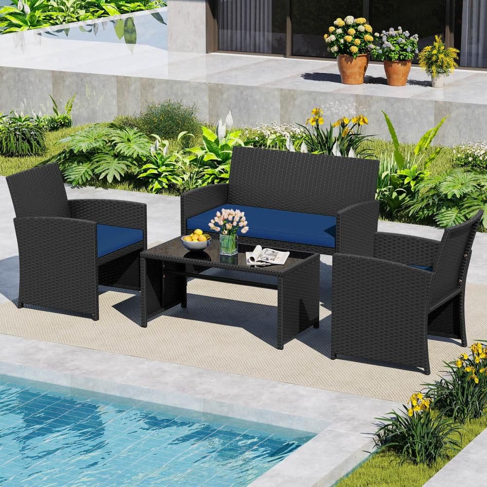 4-Pieces Patio Conversation Set with Seat Cushions and Tempered Glass Tabletop, Porch Navy+Black price history on PriceWatchPro