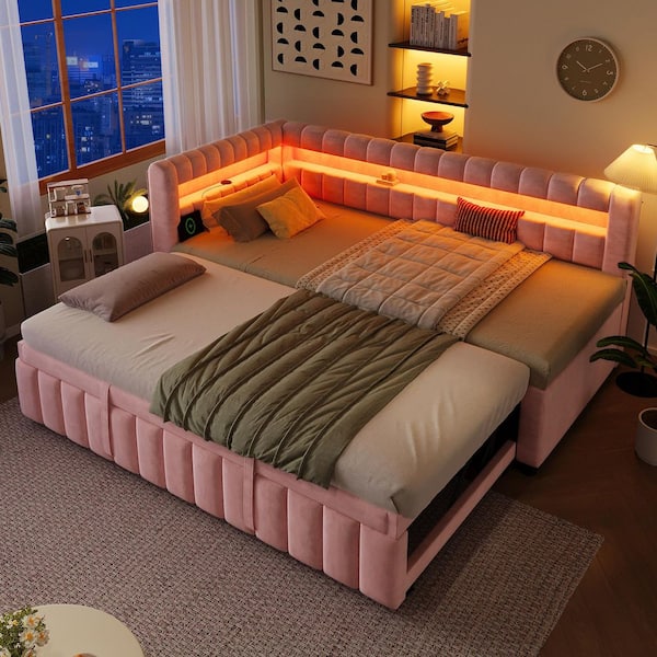Pink Twin XL to King Size Polyester Upholstered Daybed with LED Backrest, Storage Shelves, USB Ports, Pull Out Trundle