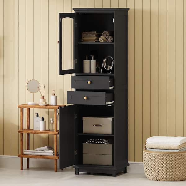 Tenleaf 17.76 in. W x 14.21in. D x 62.99 in. H Black MDF Freestanding Linen Cabinet with Glass Doors and Adjustable Shelves