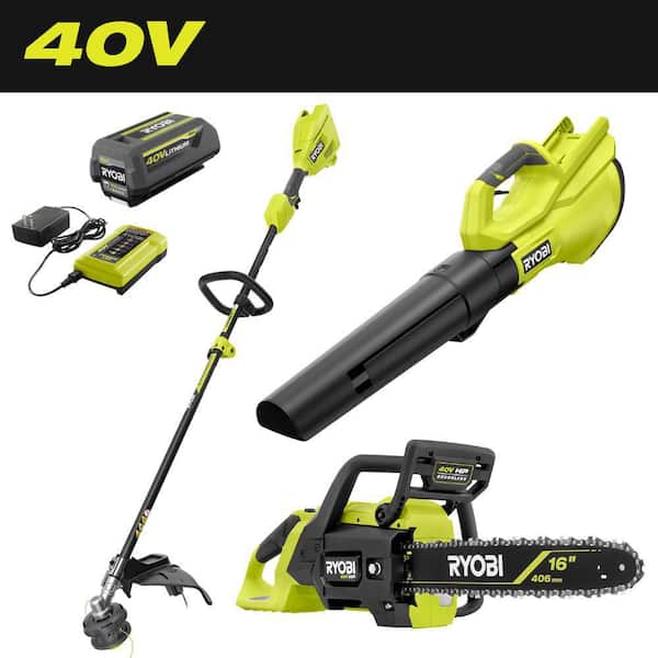 40V 15 in. Expand-It Cordless Battery Attachment Capable String Trimmer w/ Blower, Chainsaw, 4.0 Ah Battery and Charger