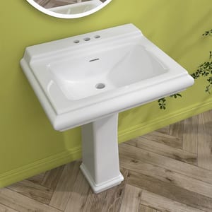 Vintage 26 in. White Vitreous China Rectangular Vessel Sink Ceramic Pedestal Sink with Predrilled Holes Bathroom Sinks