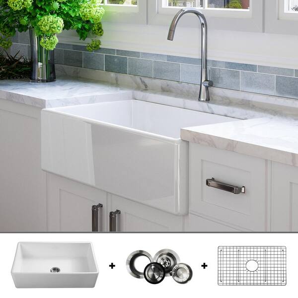 Fossil Blu Luxury 33 inch Fine Fireclay Modern Farmhouse Kitchen Sink in White, Single Bowl, Flat Front, Includes Grid and Drain