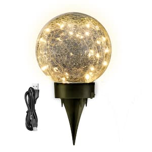 Black Solar Weather Resistant Glass Crackle Globe Path Light with USB Charge