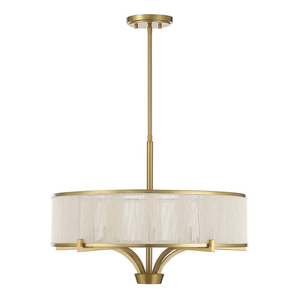 Warm Brass 5-Light Chandelier with White String Drum Shade