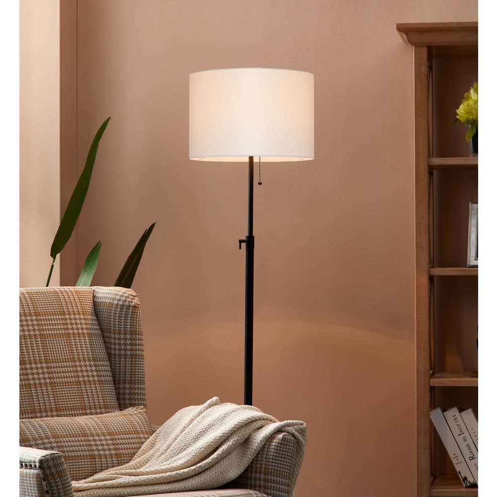 Adjustable Black Metal Floor Lamp with Beige Drum Shade