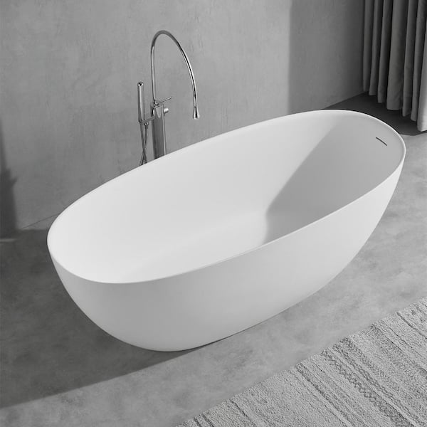 61 in. x 28.74 in. Thin Edge Solid Surface Stone Resin Flatbottom Soaking Bathtub in Matte White
