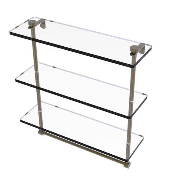 Allied Brass 16 in. L x 18 in. H x 5 in. W 3-Tier Clear Glass Bathroom Shelf with Towel Bar in Antique Brass