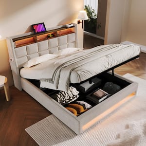 Natural(Brown) Wood Frame Queen Linen Platform Bed with LED Lights, Hydraulic Storage, USB Charging, Storage Headboard