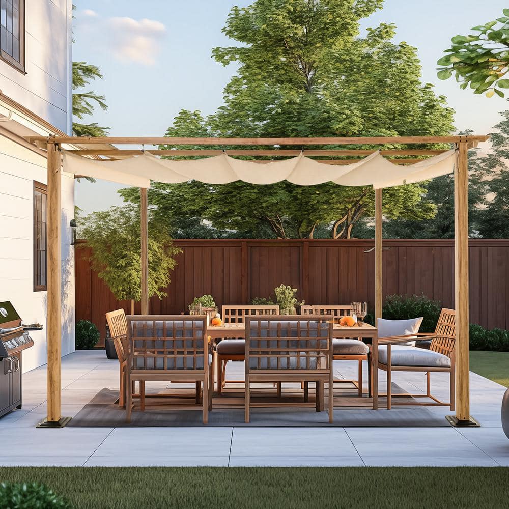 12 ft x 12 ft Beige Aluminum Pergola with Retractable Canopy