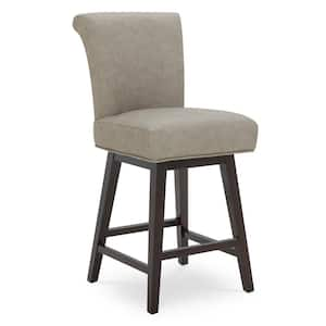 Dennis 26 in. Stone Gray High Back Solid Wood Frame Swivel Counter Height Bar Stool with Faux Leather Seat