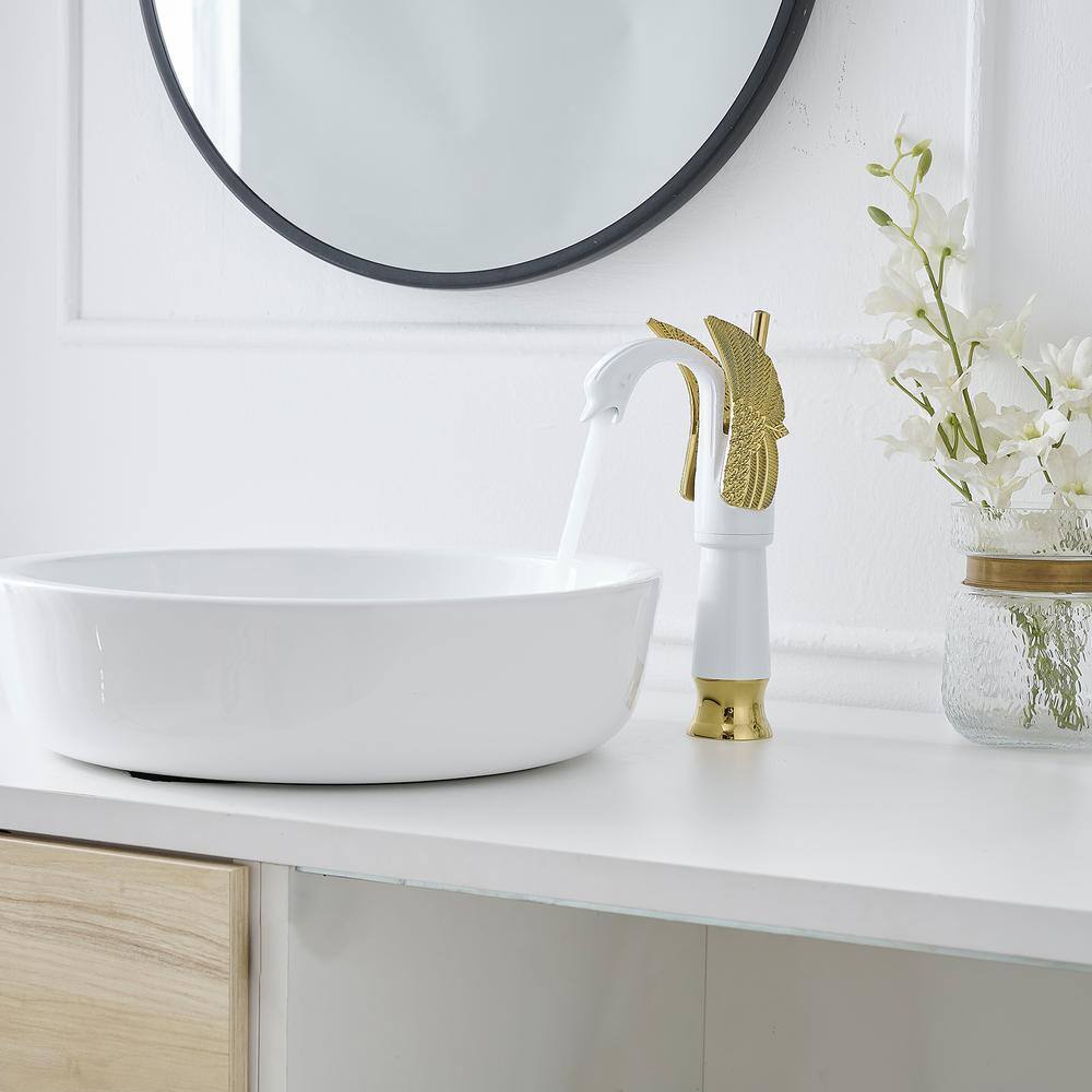 White and Gold Swan Single Handle Bathroom Vessel Faucet