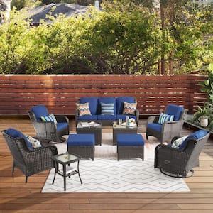 New Kenard Brown 10-Piece Wicker Patio Conversation Set with Navy Blue Cushions and Swivel Rocking Chairs