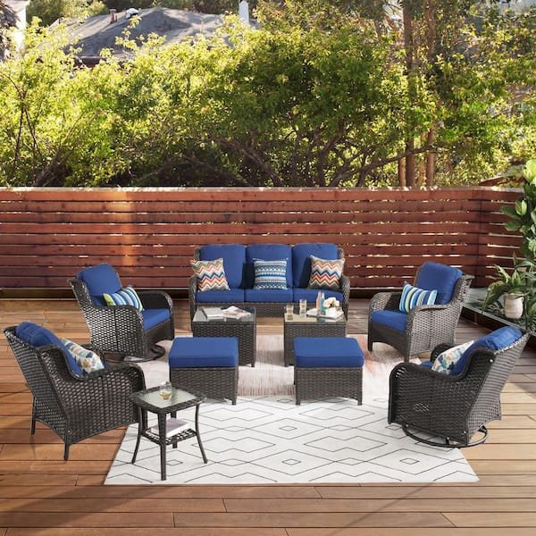 OVIOS New Kenard Brown 10-Piece Wicker Patio Conversation Set with Navy Blue Cushions and Swivel Rocking Chairs