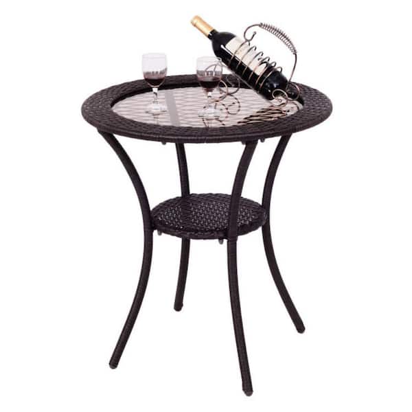 Clihome 26 in. Round Rattan Wicker Outdoor Coffee Patio Table With Lower Shelf