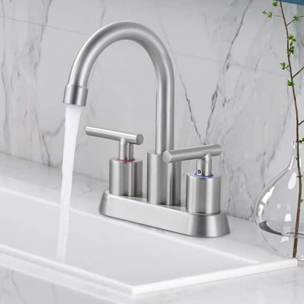 Modern 4 in. Centerset Double Handle Bathroom Sink Faucet with Pop-Up Drain and Removable Aerator in Brushed Nickel