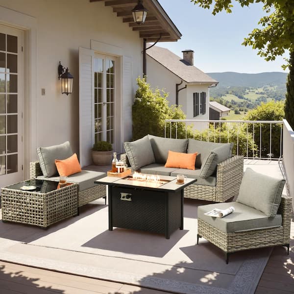 OVIOS Supery Gray 6-Piece Wicker Rectangle Fire Pit Patio Conversation Set with Dark Gray Cushions