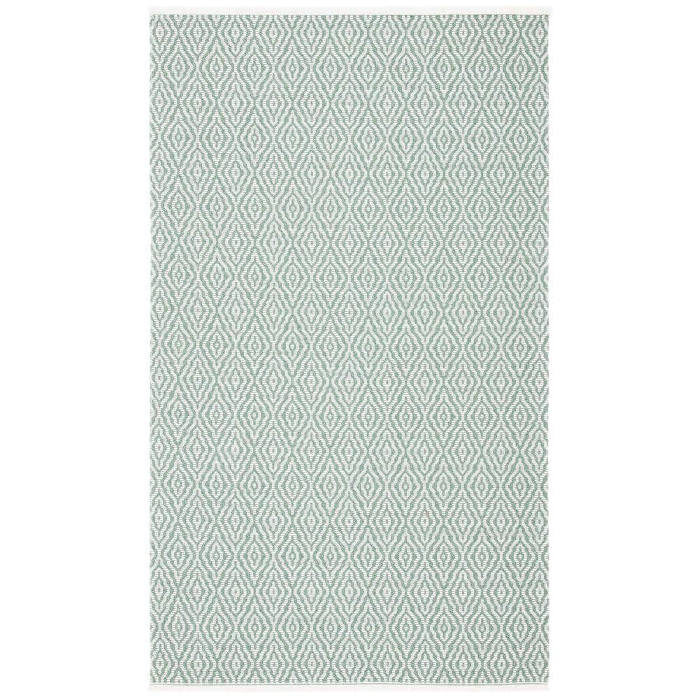 Green and Ivory Geometric Flatweave Cotton Blend Rug