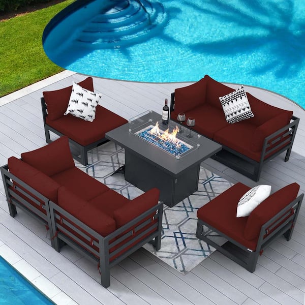 FINCATI Gray 7-Piece Large Patio Aluminum Deep Seating Sofa Set, 55,000 BTU Fire Pit Table and Red Cushions