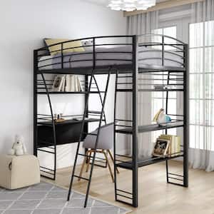 Simona White Twin Loft Bed with Integrated Desk and Shelves