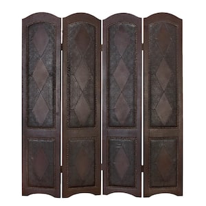 6 ft. Brown 4 Panel Hinged Foldable Partition Room Divider Screen with Faux Leather Detailing