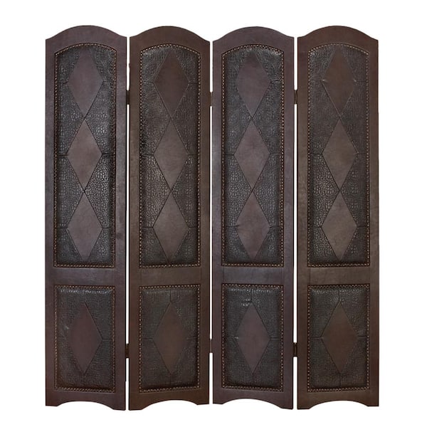Litton Lane 6 ft. Brown 4 Panel Hinged Foldable Partition Room Divider Screen with Faux Leather Detailing
