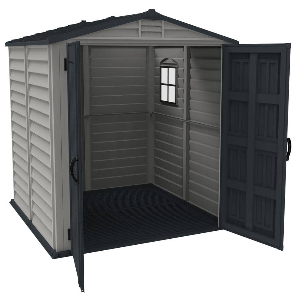 Gray Vinyl Resin Storage Shed with Shelving and Windows