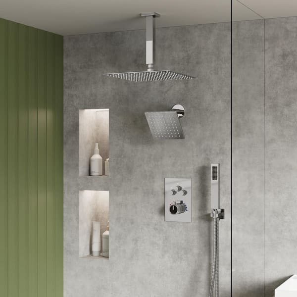 YAWWALK Thermostatic 7-Spray Ceiling Mount Dual Shower Head Fixed and Handheld Shower Head in Rose Gold (Valve Included)