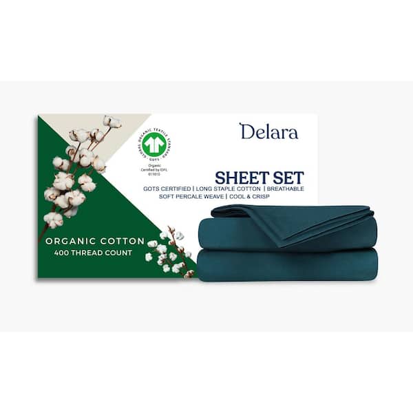 Delara Delara 4-Piece 100% Organic Cotton Percale Weave 400TC Ultra Soft Smooth and Breathable Midnight Blue Cal King Sheet Set