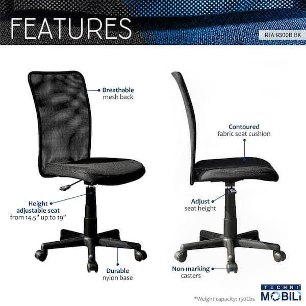 Techni Mobili Mesh Task Office Chair with Flip Up Arms. Color: Black,  Mid-Back