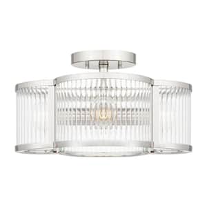 Aster 15 in. 4-Light Polished Nickel Semi-Flush Mount with Clear Ribbed Glass