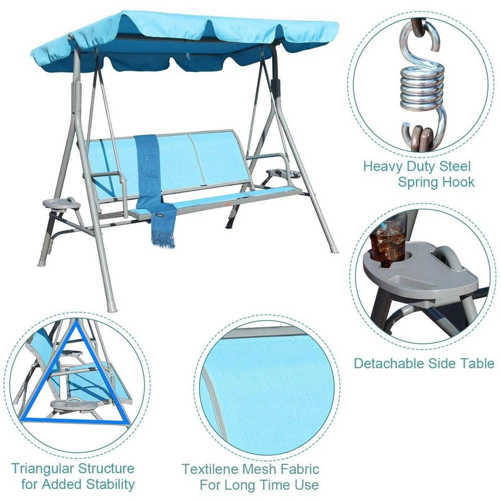 Gray and Blue Steel 3-Person Porch Swing with Adjustable Canopy