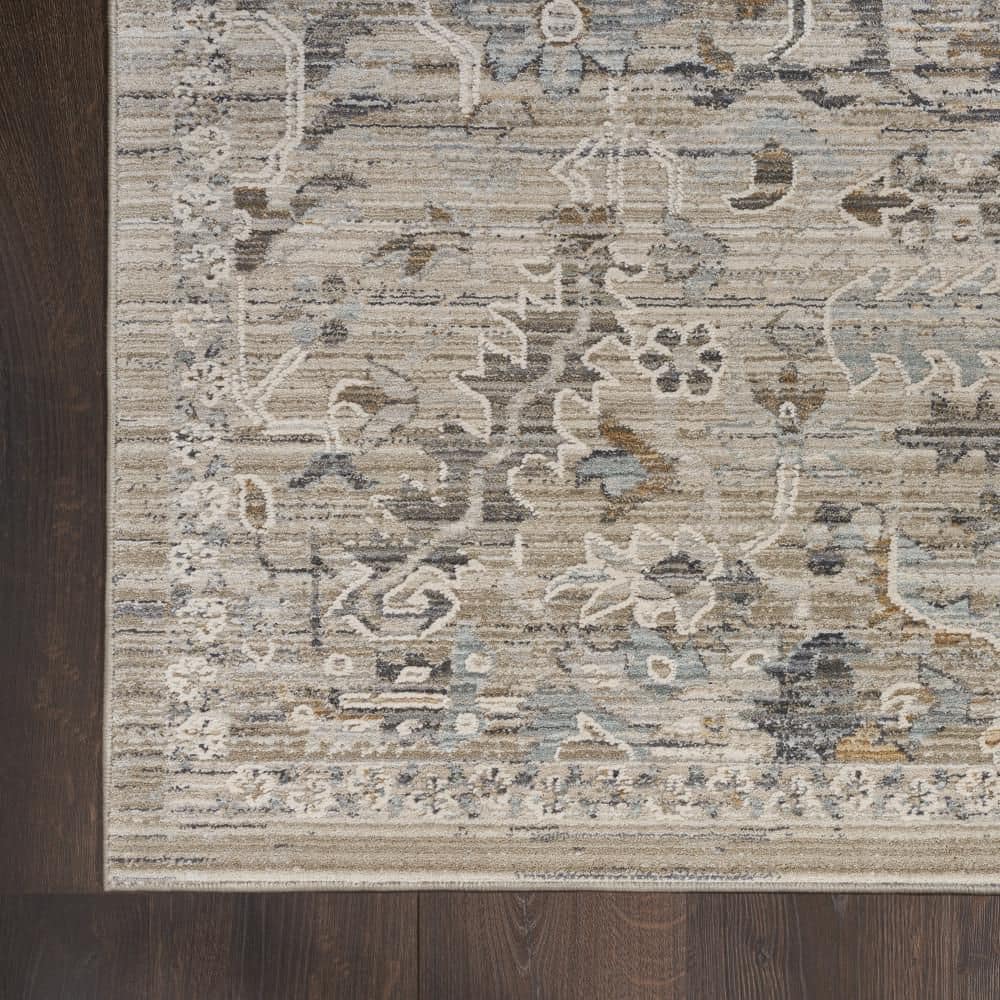 Ivory Taupe Floral Synthetic Reversible Washable Rug 2'3" x 12'