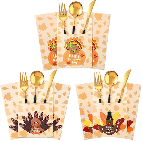 Fall Thanksgiving Cutlery Holders, 24-Piece Autumn Table Decor Set with 3 Printed Styles