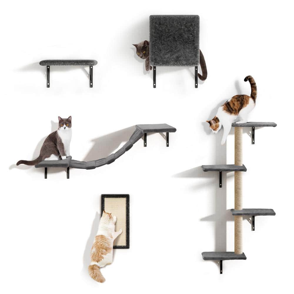 PawHut 6-Pieces Cat Wall Shelves, Pet Wall-mounted Climbing Shelf Set with  Ladders, Scratching Posts, Jumping Platforms, Oak D30-638V00AK - The Home  Depot