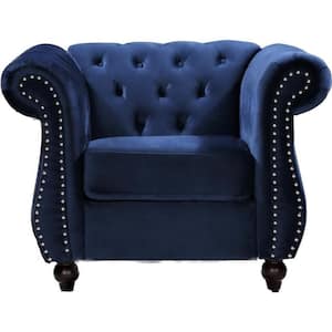 Feinstein 40.6 in. Dark Blue Velvet Upholstered Chesterfield Arm Chair