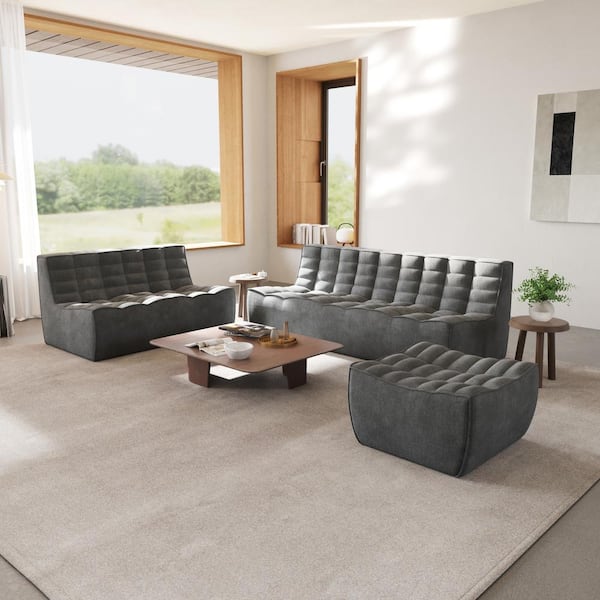 J&E Home 82.6 in. Armless 3-piece Linen Polyester Modular Free Combination Lazy Sectional Sofa in. Black with Ottoman