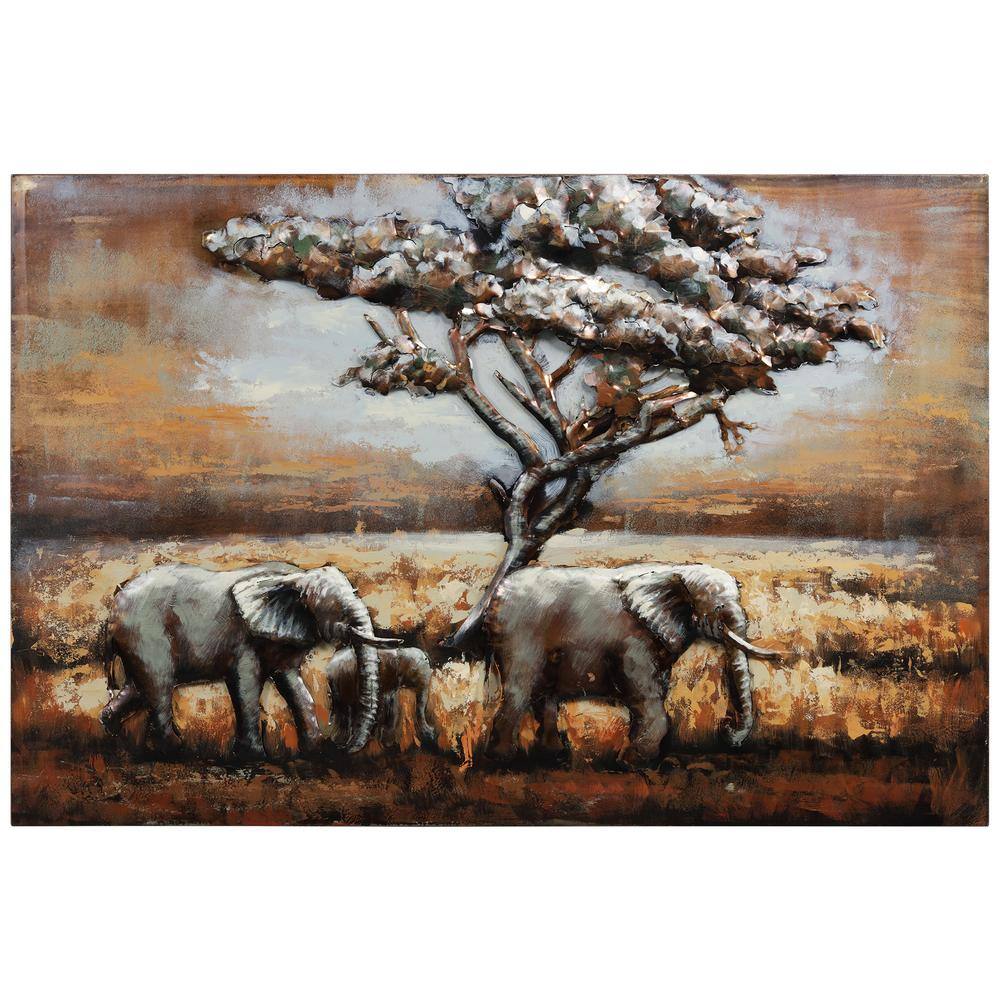 Hand Painted 3D Iron Elephant Wall Art with Tree