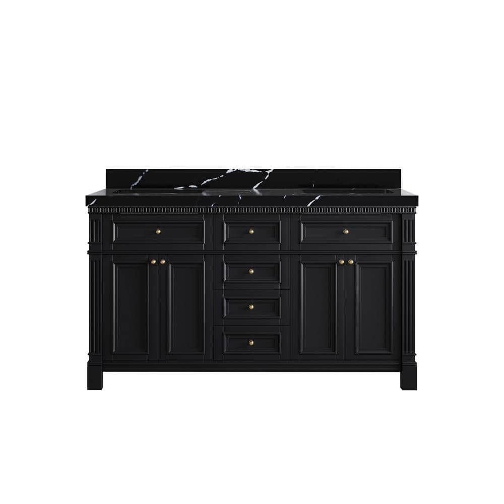Paris 60 in. W x 22 in. D x 36 in. H Double Sink Bath Vanity in Black with 2 in. Calacatta Black Top price history on PriceWatchPro