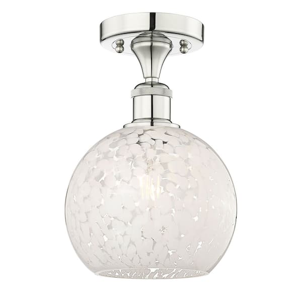 White Mouchette 8 in. 1-Light Polished Nickel Modern Semi-Flush Mount with Frosted Glass Shade