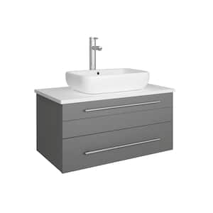 Lucera 30 in. W Wall Hung Bath Vanity in Gray with Quartz Stone Vanity Top in White with White Basin