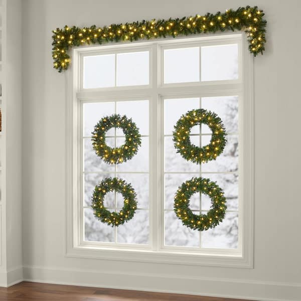 24 in. Wesley Long Needle Pine LED Pre-Lit Artificial Christmas Wreath (4 Pack)