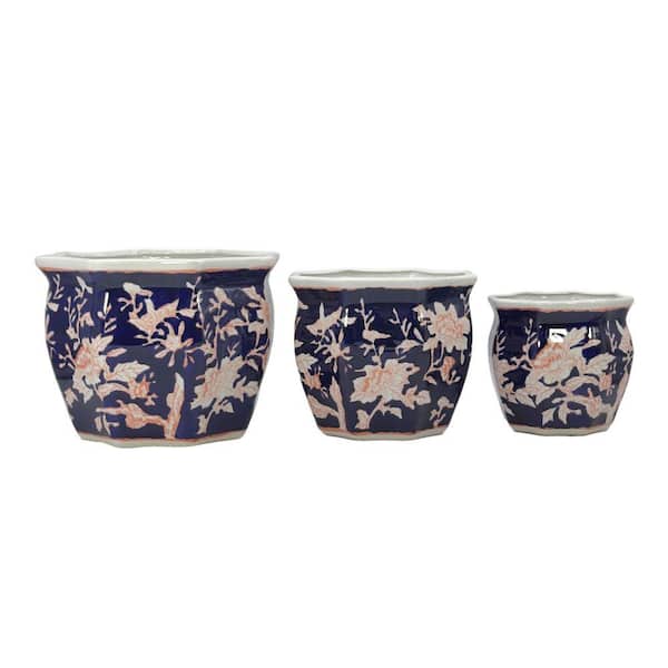 Set of 3-7.5 in. / 10 in. / 13 in. Blue and Pink Ceramic Chinoiserie Planter Pot Set
