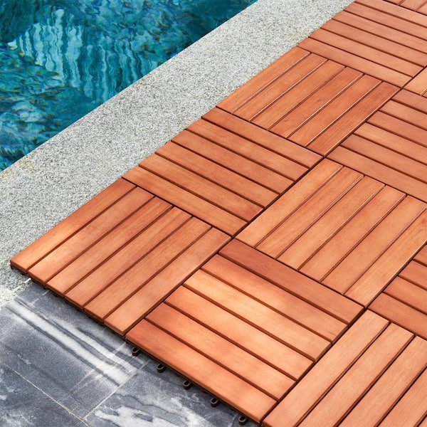 12 in. x 12 in. Square Eucalyptus Stripe Interlocking Flooring Garage Wooden Deck Tiles Reddish Brown Patio(Set of 10)