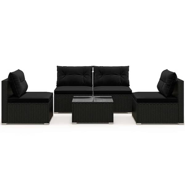 5-Piece Wicker Patio Conversation Set with Tempered Glass Tabletop and Seat and Back Black Cushions