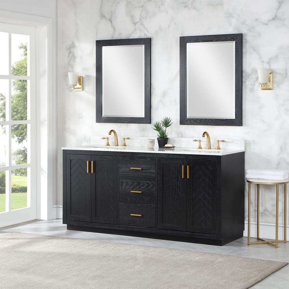 Gazsi 72" Black Oak Double Bathroom Vanity with Composite Stone Countertop